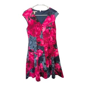 Maggy London Vivid Pink and Blue Floral Midi Dress US 8